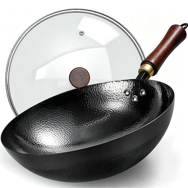 Large 13.4 in. Black Nonstick Carbon Steel Induction Wok Pan, Pre-Seasoned Woks & Stir-Fry Pans with Glass Lid