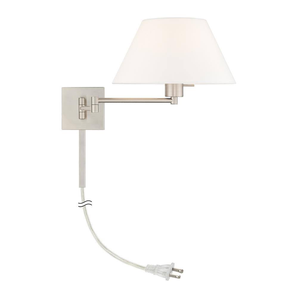 Brushed Nickel Swing Arm Wall Lamp with Off-White Fabric Shade
