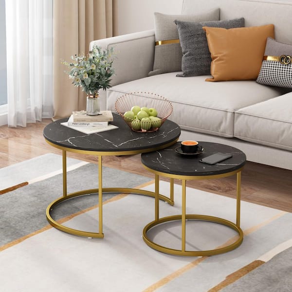 Modern 27.6 in. Black Marble Pattern Round MDF Nesting Coffee Table End Table Set, Gold Metal Base, Set of 2