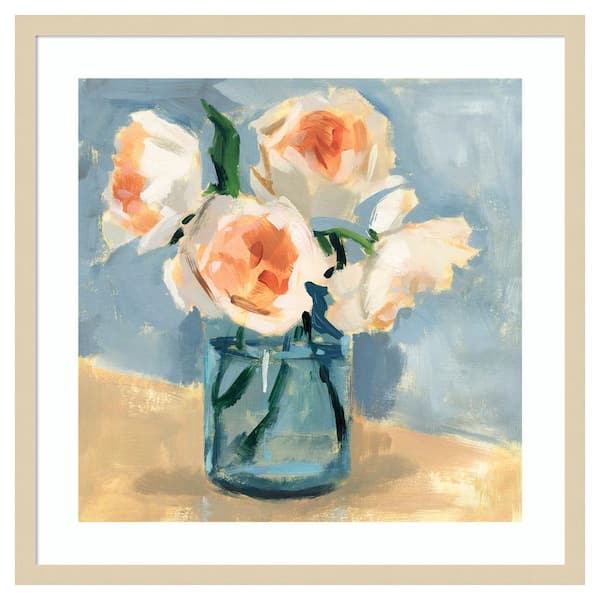 Amanti Art Peonies in Mason Jar II by Victoria Barnes 25 in. W x 25 in. H. Wood Framed Wall Art Print Framed in Brown