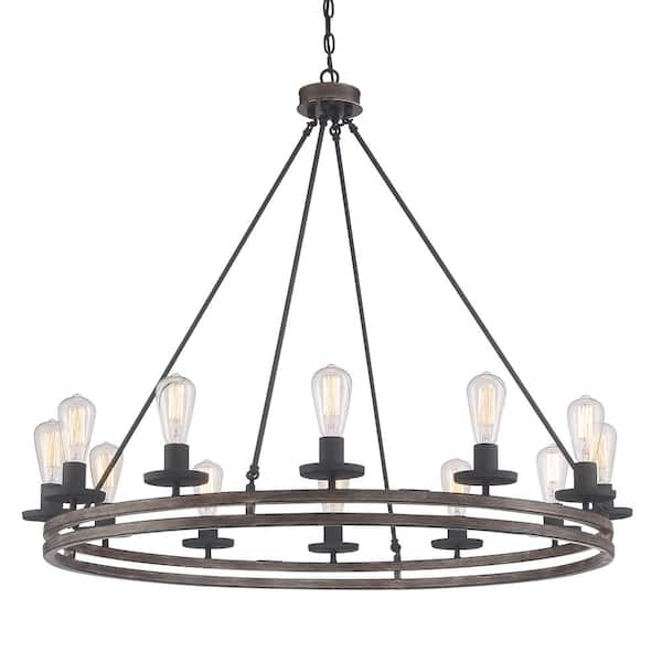 Besancon 12-Light Darkwood/Antique Zinc Wagon Wheel Chandelier