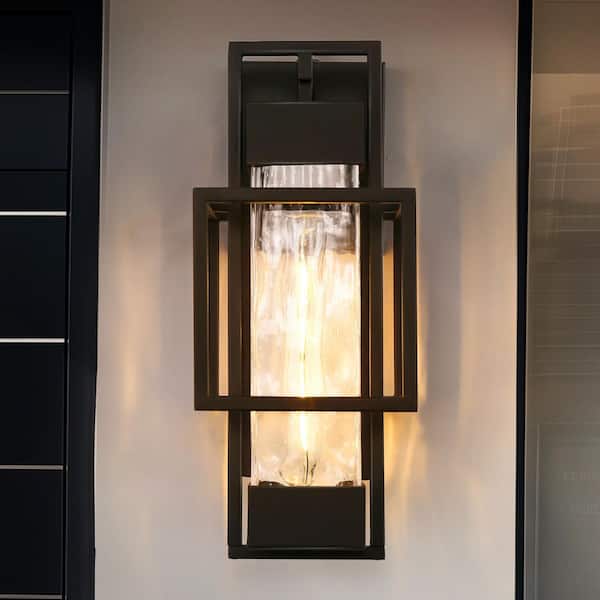 Emeritpro 1-Light Black Outdoor Wall Lantern Sconce with Water Glass Shade, Hardwired Fixture with Photocell Sensor for Porche