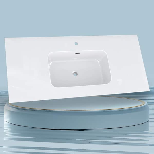 48 in. W x 22 in. D Solid Surface Cultured Marble White Bathroom Vanity Top with Single Sink White Rectangular Basin