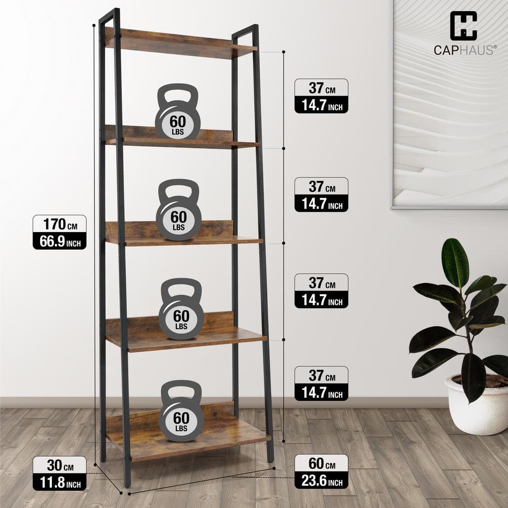 Rustic Oak and Matte Black 5-Tier Ladder Bookshelf