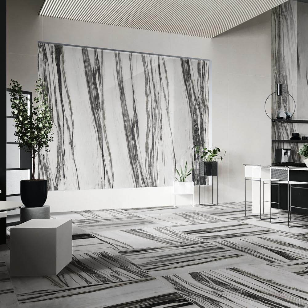 Ink Collection 24x48 Polished Black & White Marble Look Porcelain Tile