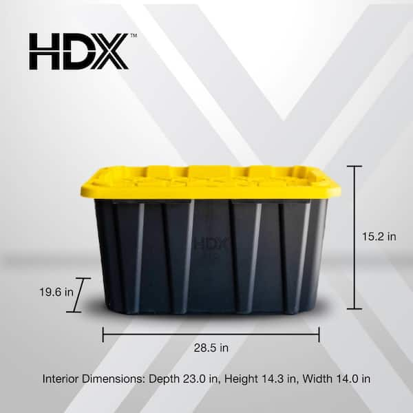 HDX 27 Gal. Tough Storage Tote in Black with Yellow Lid 4 Pack 999 HDX 27G 4