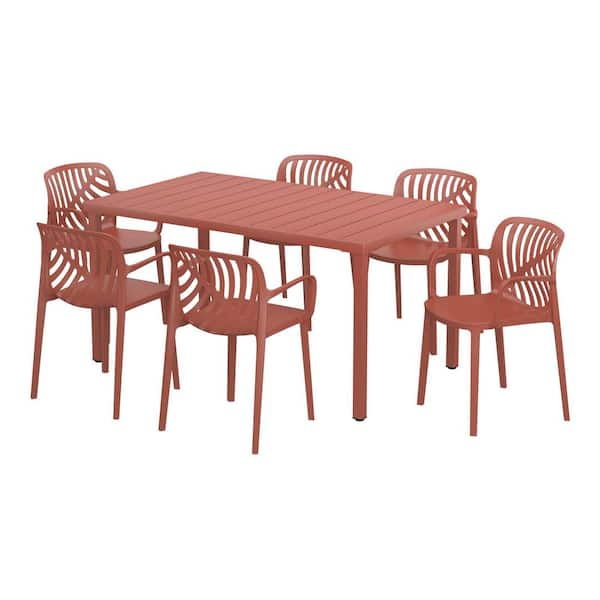 Frond and Form Outdoor Patio Modern 7-Piece Rectangular Steel Table, 6 Stackable HDPE Plastic Chairs Dining Set, Red