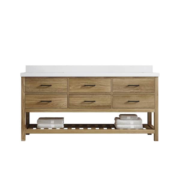 Willow Collections Parker Teak 72 in. W x 22 in. D x 36 in. H Double Sink Bath Vanity in Premium Polish with White Qt. Top