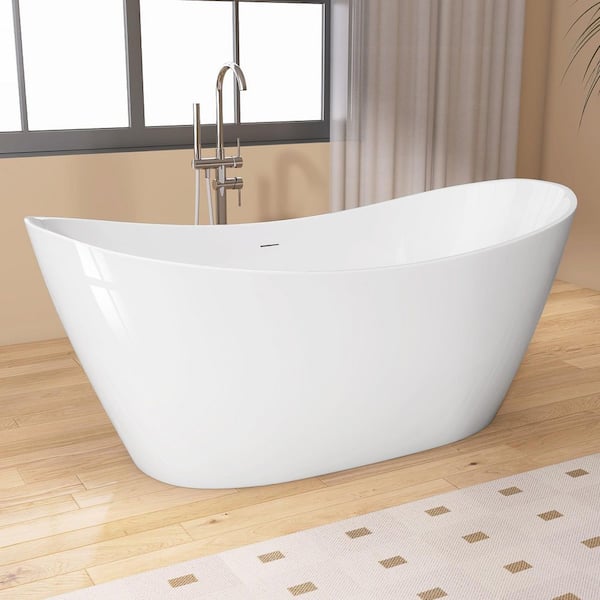 68 in. x 30 in. Freestanding Acrylic Tub Oval Double Slipper Free Standing alone Soaking Bathtub Center Drain in White