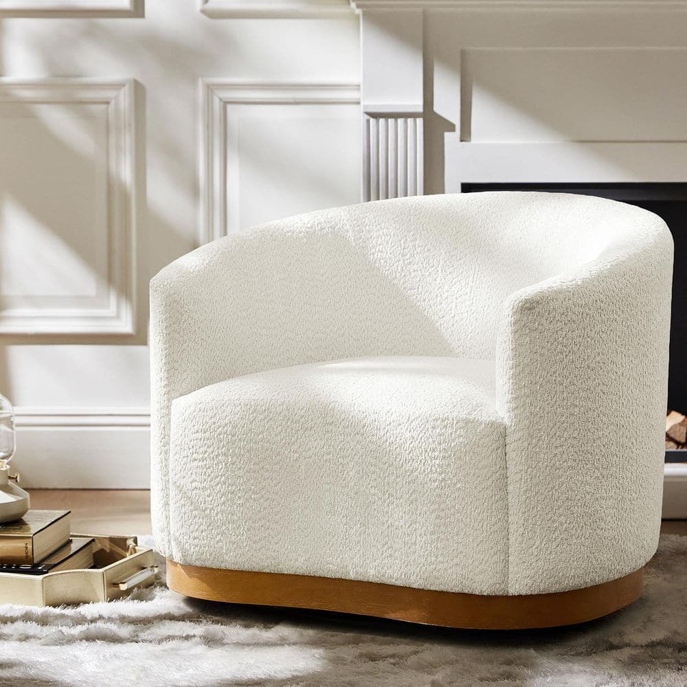 Elda Ivory Polyester Armchair with Curved Backrest and 360° Swivel Base