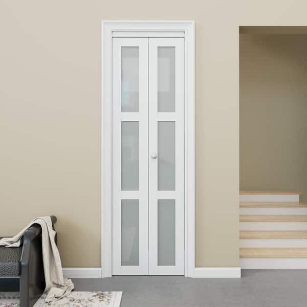 24 in. x 96 in. 3-Lite Tempered Frosted Glass Solid Core White Finished Glass Closet Bifold Door with Hardware