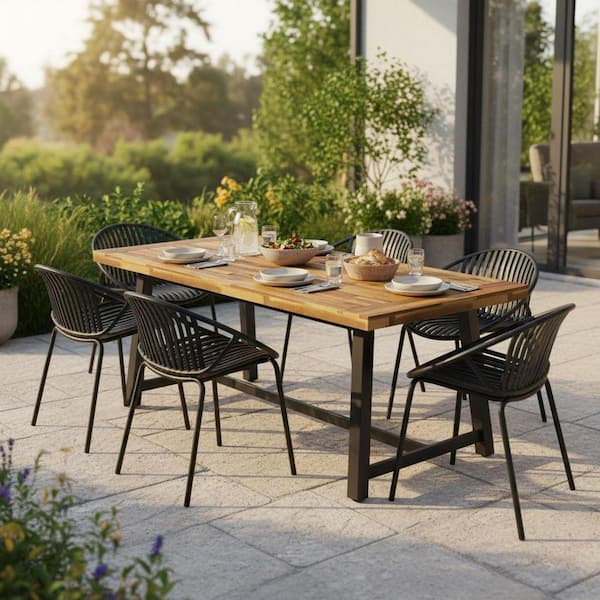 Zeus & Ruta 7-Piece Acacia Wood Expandable Outdoor Dining Set with