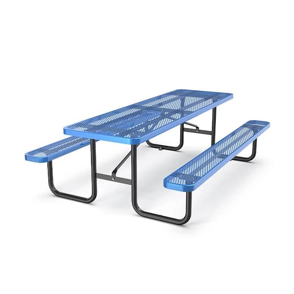 Misopily 96 in. Blue Rectangular Steel Expanded Outdoor Picnic Table Seats 8 People for Lawn, Balcony, Backyard Picnic