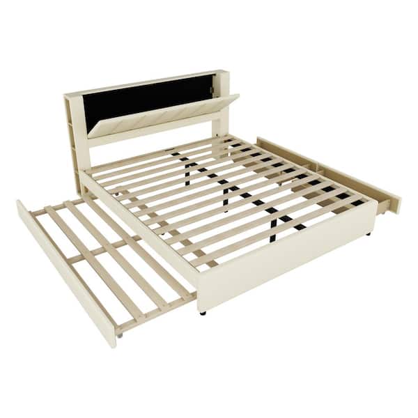 Nestfair Beige Wood Frame King Size Upholstery Platform Bed with Trundle, 2 Drawers and Storage Headboard