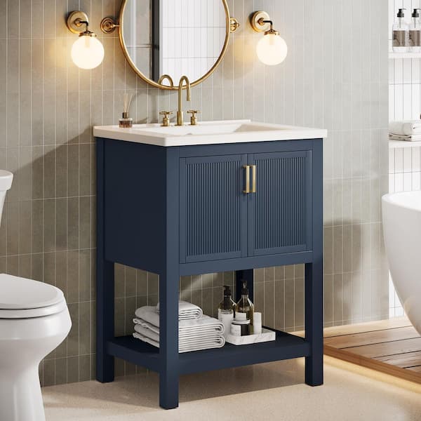 24 in. Single Sink Freestanding Dark Blue Bath Vanity with White Cultured Marble Top
