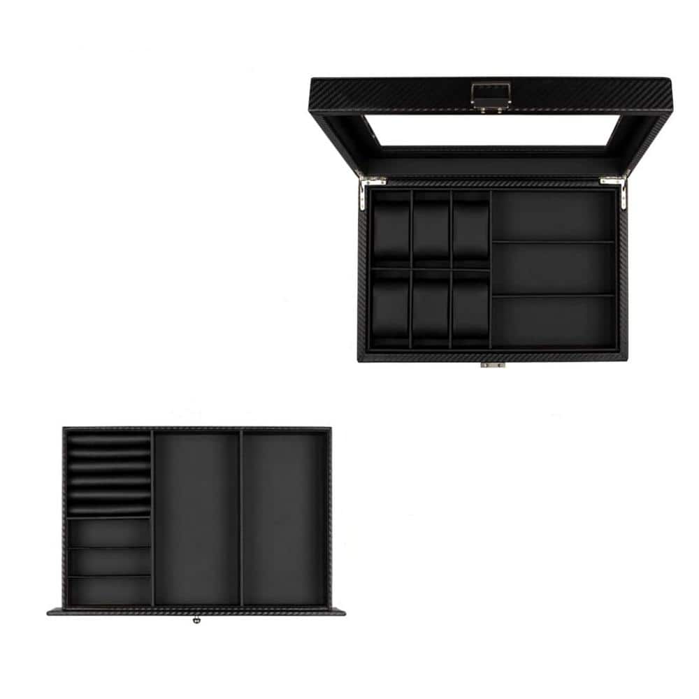 6-Slot Black Watch Case Watch Box with 3-Slot Sunglass Organizer, Jewelry C
