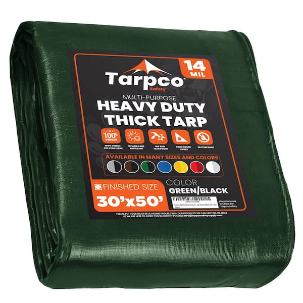 TARPCO SAFETY 30 ft. x 50 ft. Green/Black 14 Mil Heavy Duty Polyethylene Tarp, Waterproof, UV Resistant, Rip and Tear Proof