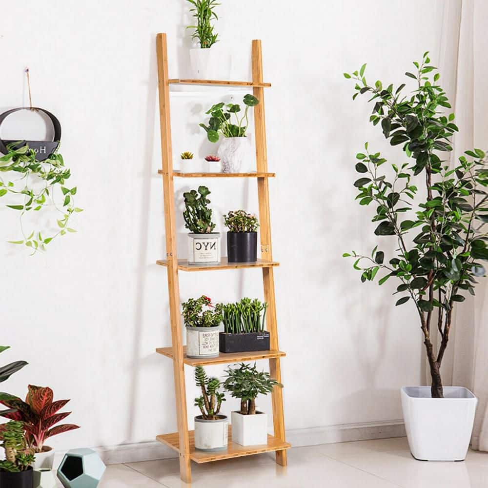 Gymax 65 in. 5-Tier Natural Ladder Shelf Modern Bamboo Leaning