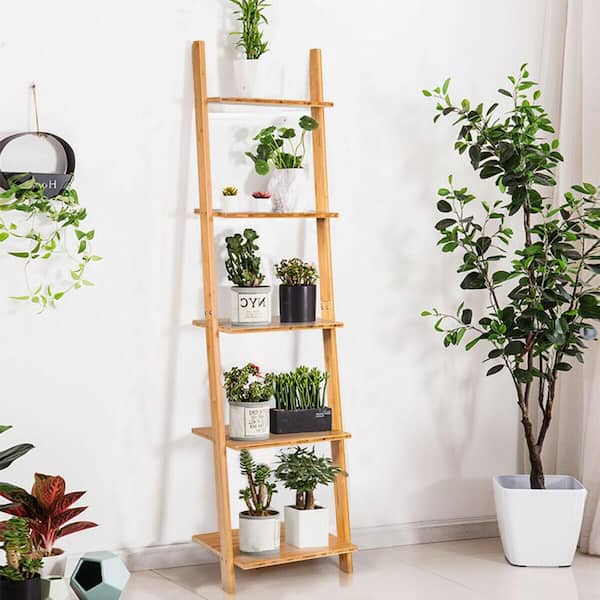 65 in. 5-Tier Natural Ladder Shelf Modern Bamboo Leaning Bookshelf Ladder Bookcase Open Display