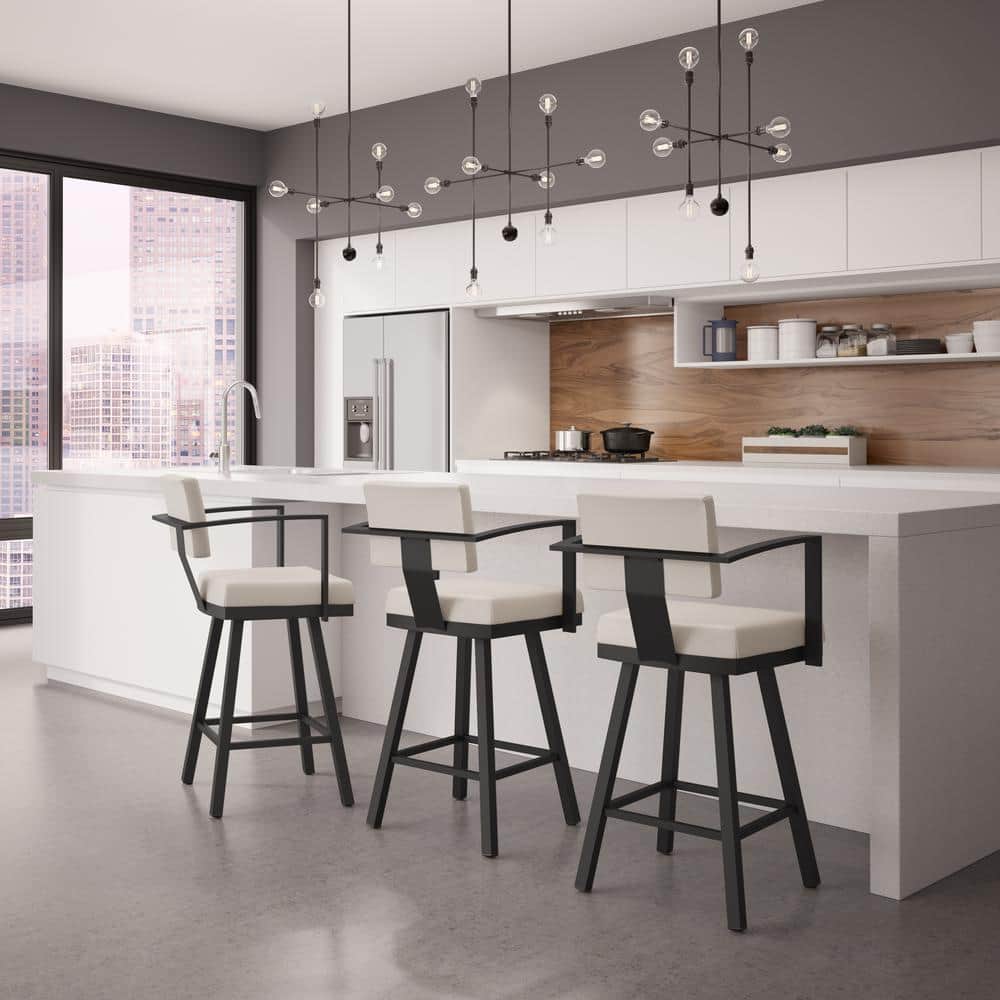 Akers 30" Beige Metal Swivel Bar Stool with Leather Seat