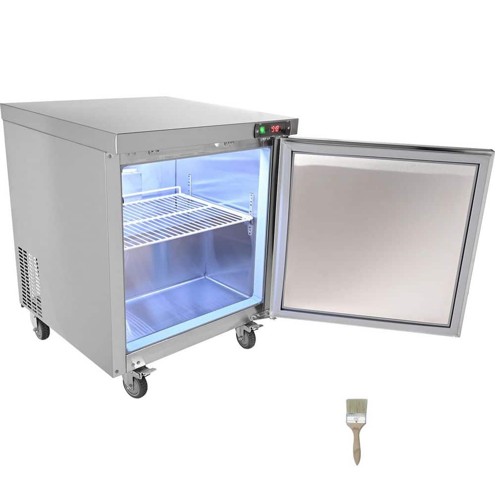 SKYSHALO 28-in. 7.4 cu. ft. Stainless Steel Undercounter Refrigerator, Silver, with Fan-Assisted Cooling and Lockable Single Door