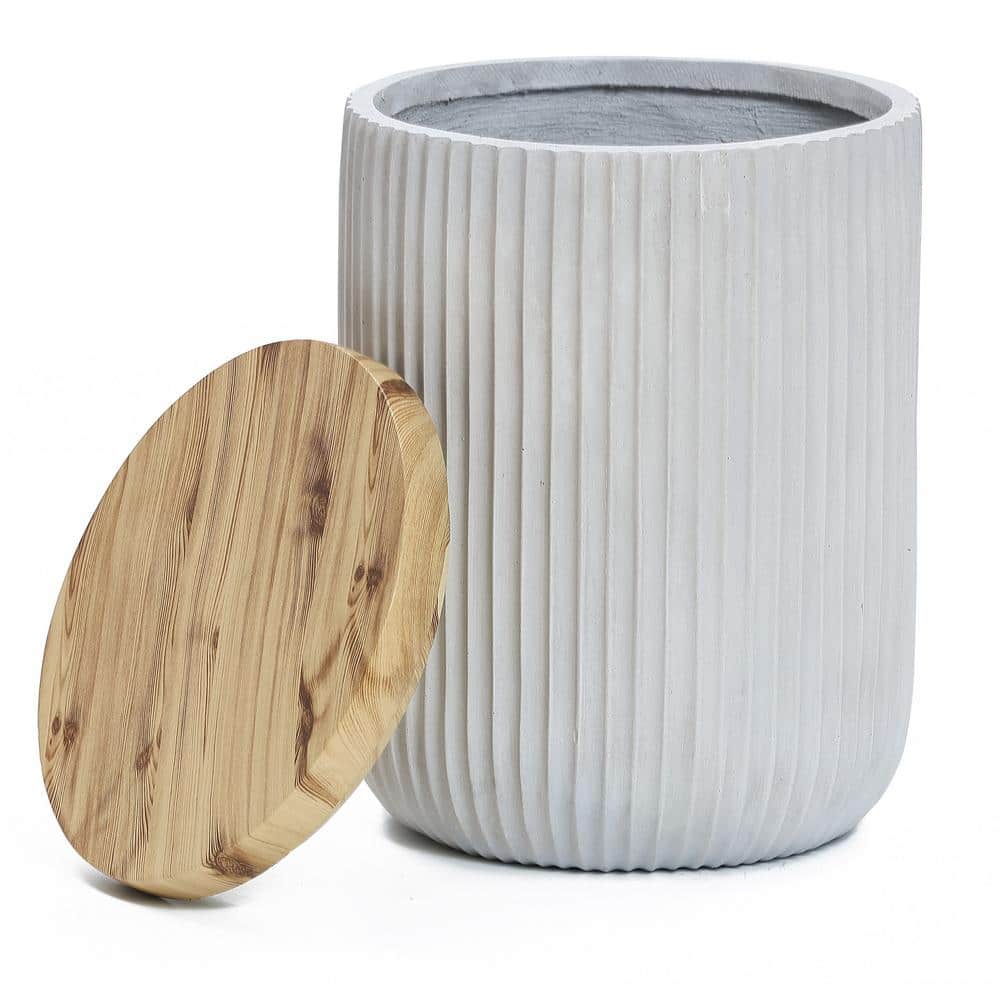Gray Cement and Faux Wood Round Patio Side Table with Storage