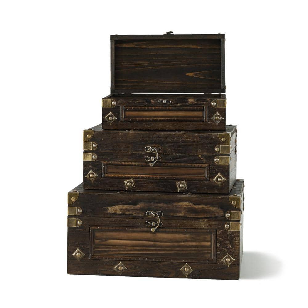 Vintage Dark Brown Wood Decorative Storage Box Set with Hinged Lids