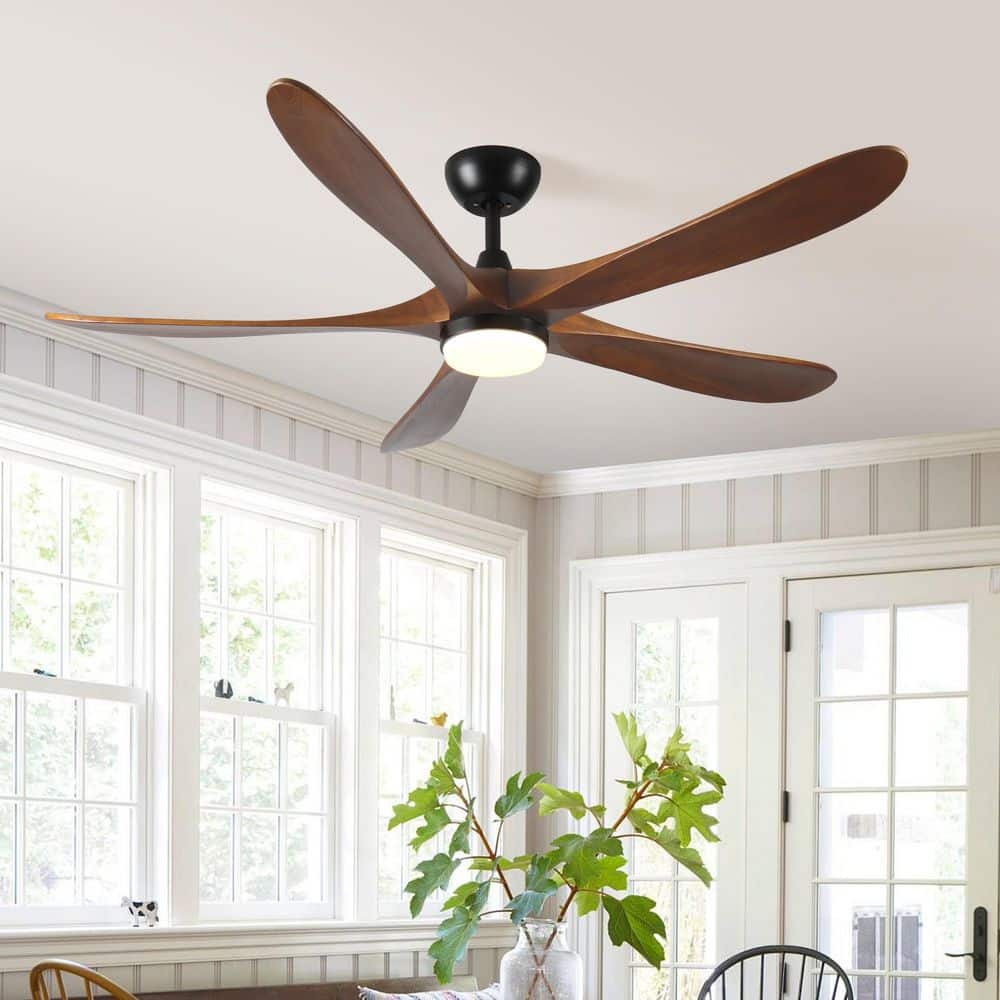 62 in. Indoor Black Solid Wood Brown Blades Downrod Mount Standard Ceiling Fan with 3-Colors Dimmable LED Light price history on PriceWatchPro
