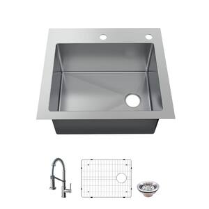 All-in-One Tight Radius Drop-in/Undermount 18G Stainless Steel 25 in. Single Bowl Kitchen Sink with Spring Neck Faucet