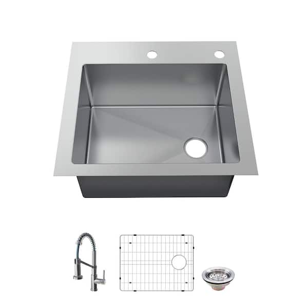 Glacier Bay Tight Radius 25 in. Drop-In Single Bowl 18 Gauge Stainless Steel Kitchen Sink with Spring Neck Faucet
