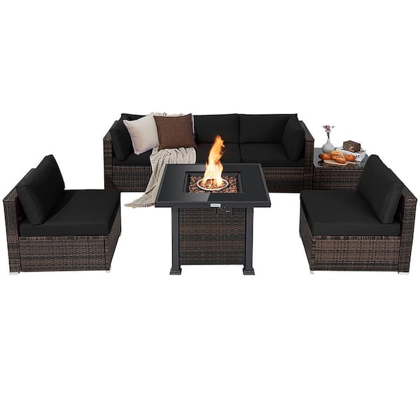 Costway 7-Piece Plastic Wicker Patio Conversation Set with Black Cushion Fire Pit Table Cover Glass Top