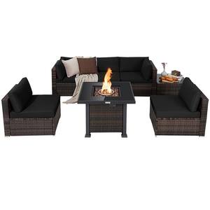 7-Piece Plastic Wicker Patio Conversation Set with Black Cushion Fire Pit Table Cover Glass Top