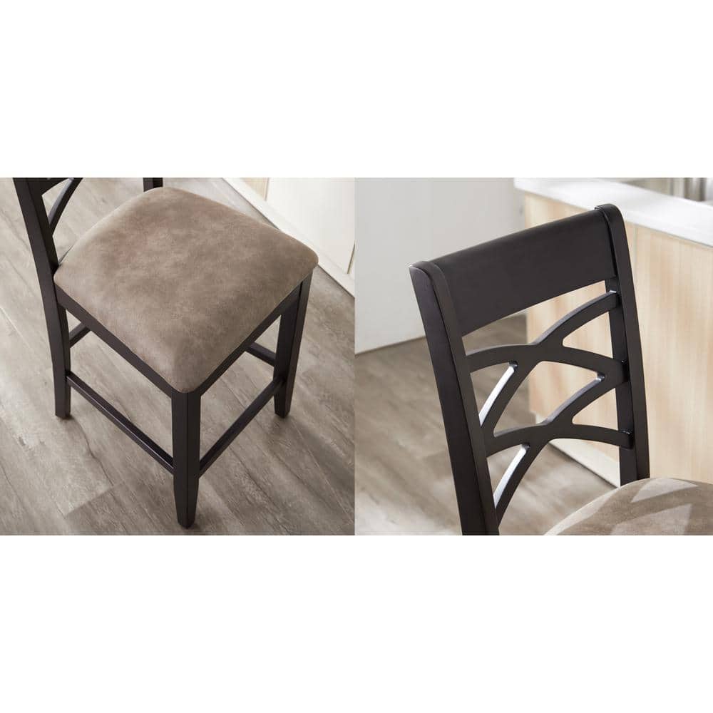 Black Wood Double Crossback Counter Height Stool with Gray Linen Seat
