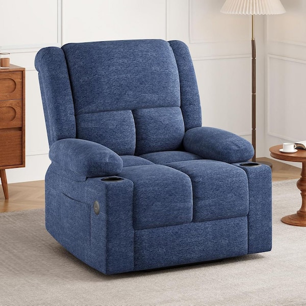 29 in. Blue Sponge Recliner with Massage, Heat, USB Ports and Cup Holders