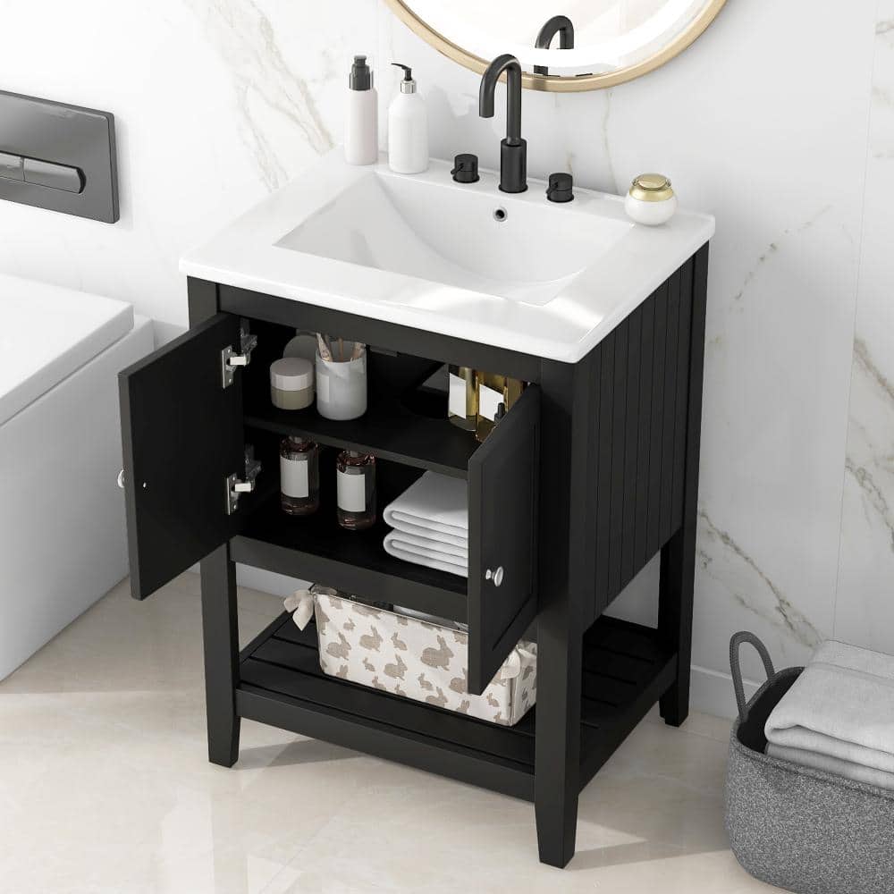 "24"" Black Bath Vanity,Ceramic Sink,Solid Wood Frame,Open Bottom Storage Shelf" price history on PriceWatchPro