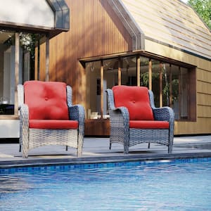 Ergonomic Arm 2-Piece Patio Wicker Outdoor Lounge Chair with Thick Red Cushions