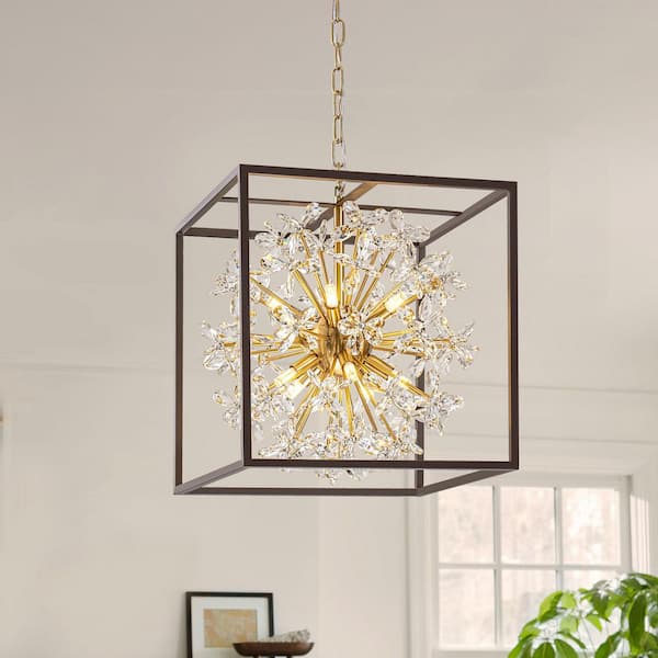 Rennnsan Jill Black 10-Light Square Frame Crystal Petal Dandelion Chandelier with Clear Crystal Petal Decoration