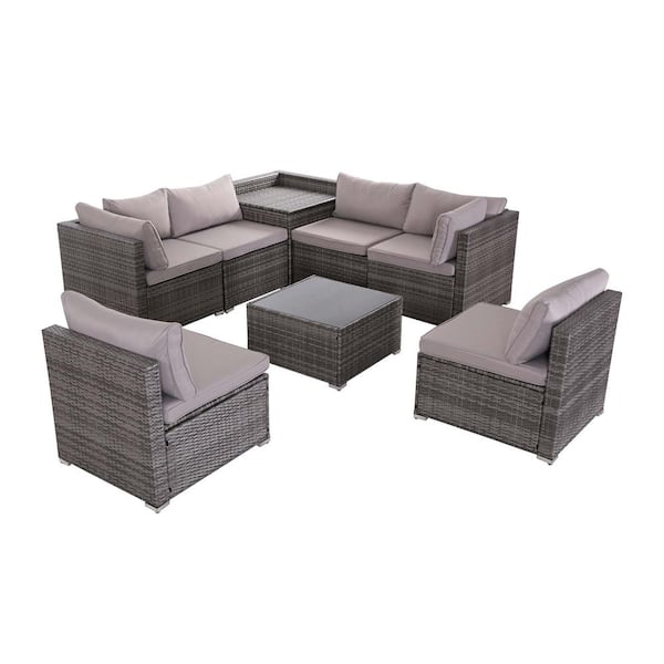 Zeus & Ruta Gray Wicker 8-Piece Outdoor Patio Sectional Sofa Conversation Set with Gray Cushions, 1 Storage and 1 Coffee Table