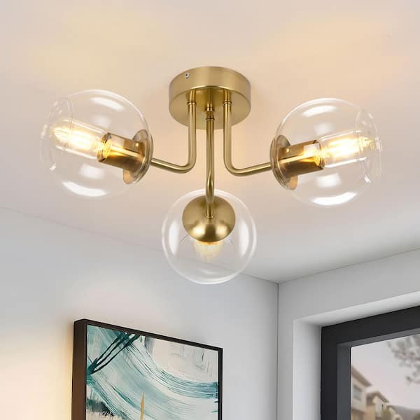 18.11 in. 3-Lights Gold Modern Industrial Semi-Flush Mount Light with Globe Clear Glass Shade