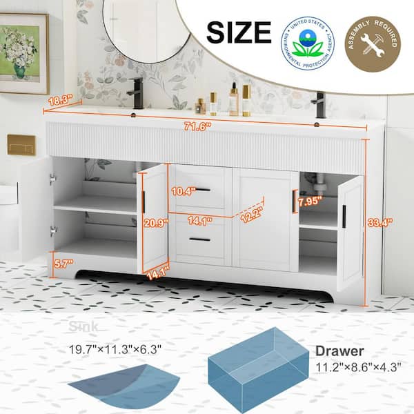 eclife 72 in. W. x 18.3 in. D x 34 in. H Double Sink Freestanding