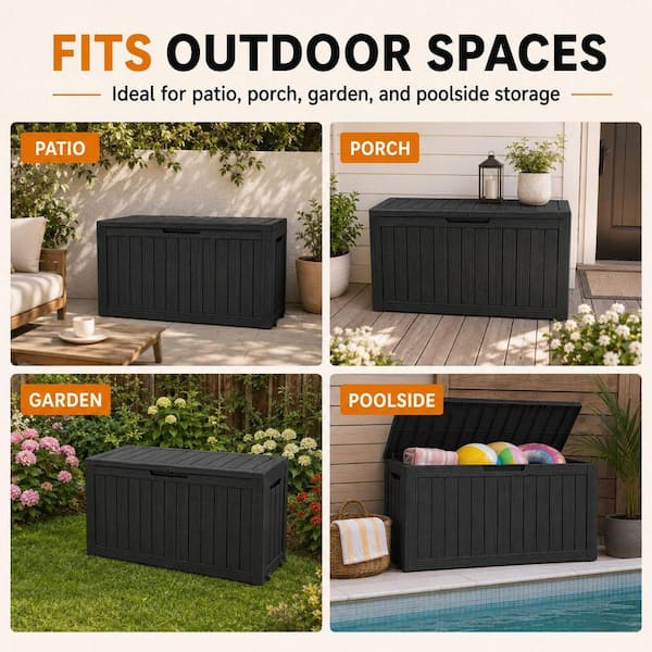 EFU 90 Gal. Large Black Wood Grain Resin Deck Box Outdoor Storage Box with Wheels Lockable Weather Resistant
