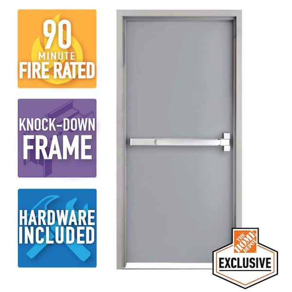 Armor Door 36 in. x 80 in. Fire-Rated Gray Left-Hand Flush Steel Commercial Door with Knock Down Frame Panic Bar and Hardware