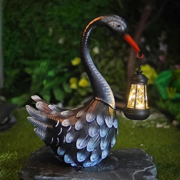 10 in. x 17 in. Black Metal Swan Solar Garden Statue Outdoor Decor