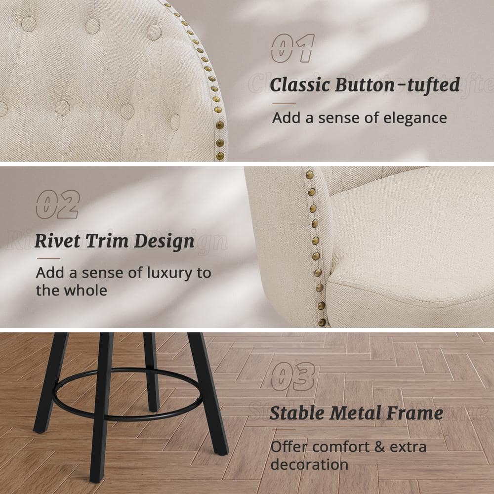 Linen Upholstered Swivel Counter Stools with Metal Legs, Set of 4