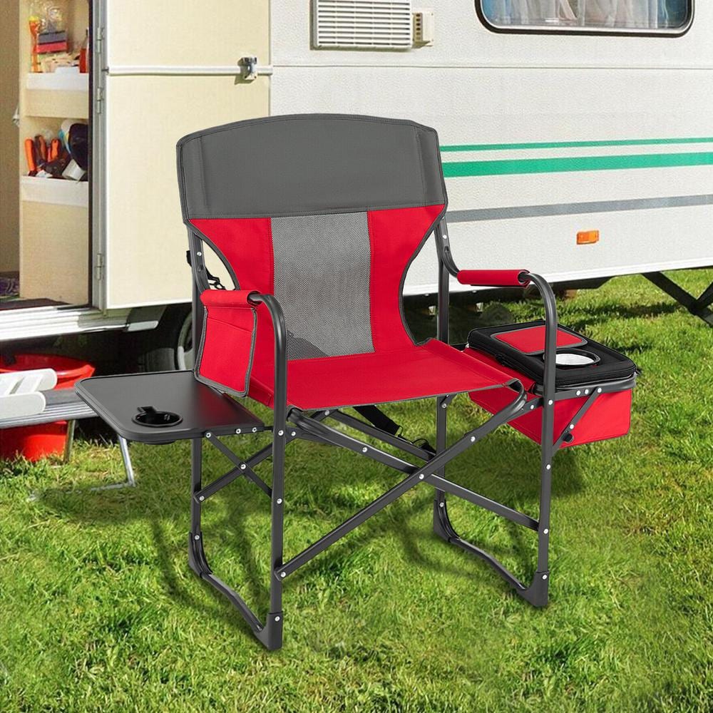 Red Folding Camping Chair with Cooler Bag and Side Table