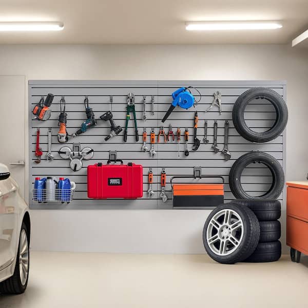 Slat Wall Paneling, 0.78 in. H x 96 in. W Slatwall panels in Gray (8-Pack), PVC Garage Slatwall with Accessories