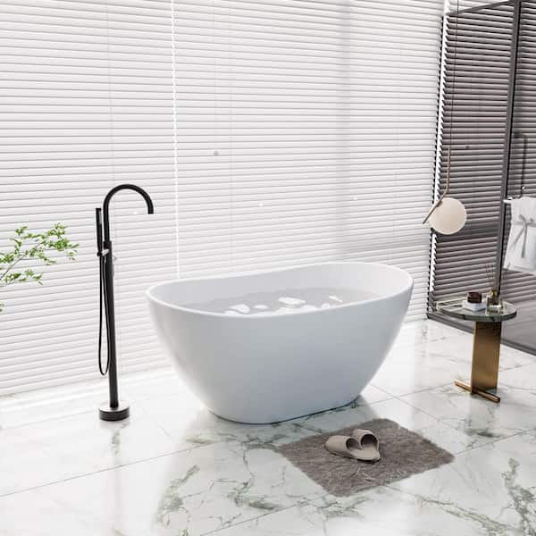 VANITYFUS 56.48 in. x 32.27 in. Oval Solid Surface Stone Resin Freestanding Double Slipper Soaking Bathtub in Matte White