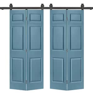 48 in. x 80 in. 6-Panel Dignity Blue Painted MDF Composite Double Bi-Fold Barn Door with Sliding Hardware Kit