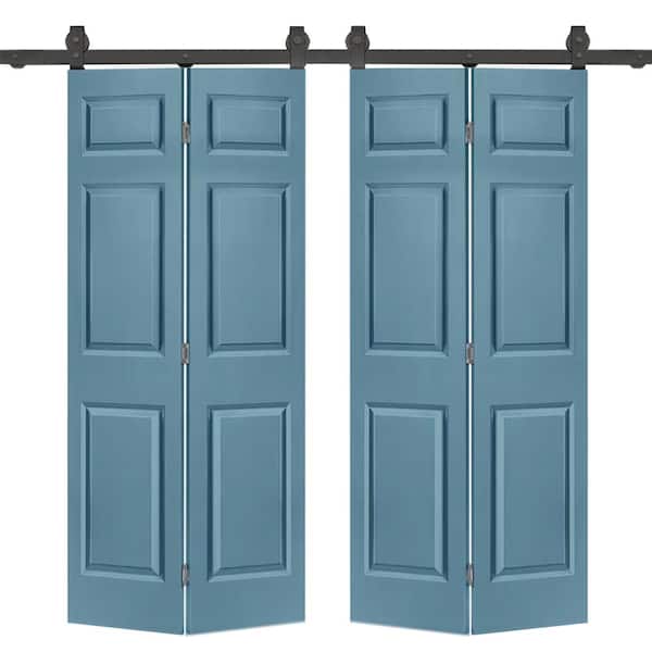 CALHOME 60 in. x 80 in. 6-Panel Dignity Blue Painted MDF Composite Double Bi-Fold Barn Door with Sliding Hardware Kit