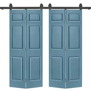 72 in. x 80 in. Hollow Core 6-Panel Dignity Blue MDF Composite Double Bi-Fold Barn Doors with Sliding Hardware Kit